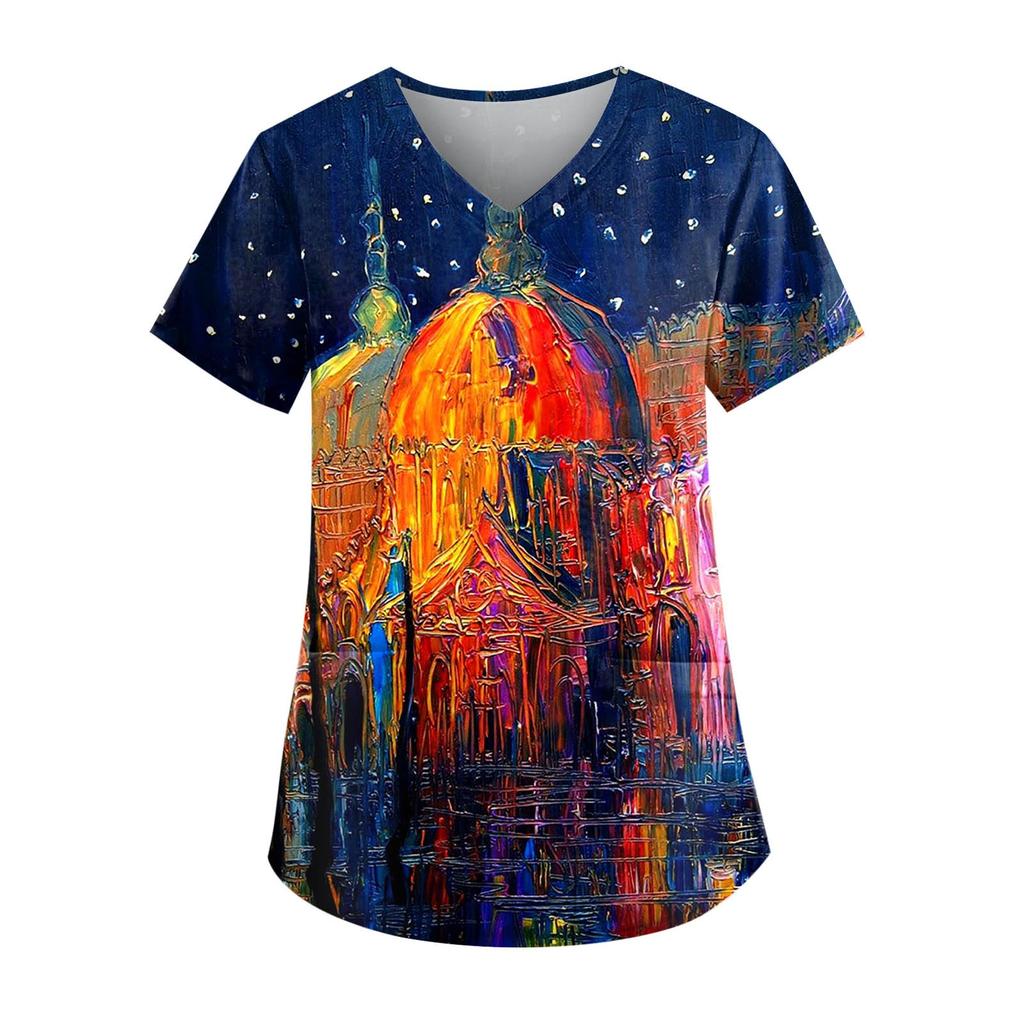 Kvinnors söta djur tryckta kortärmade V-ringade toppar Working Pocket Blus