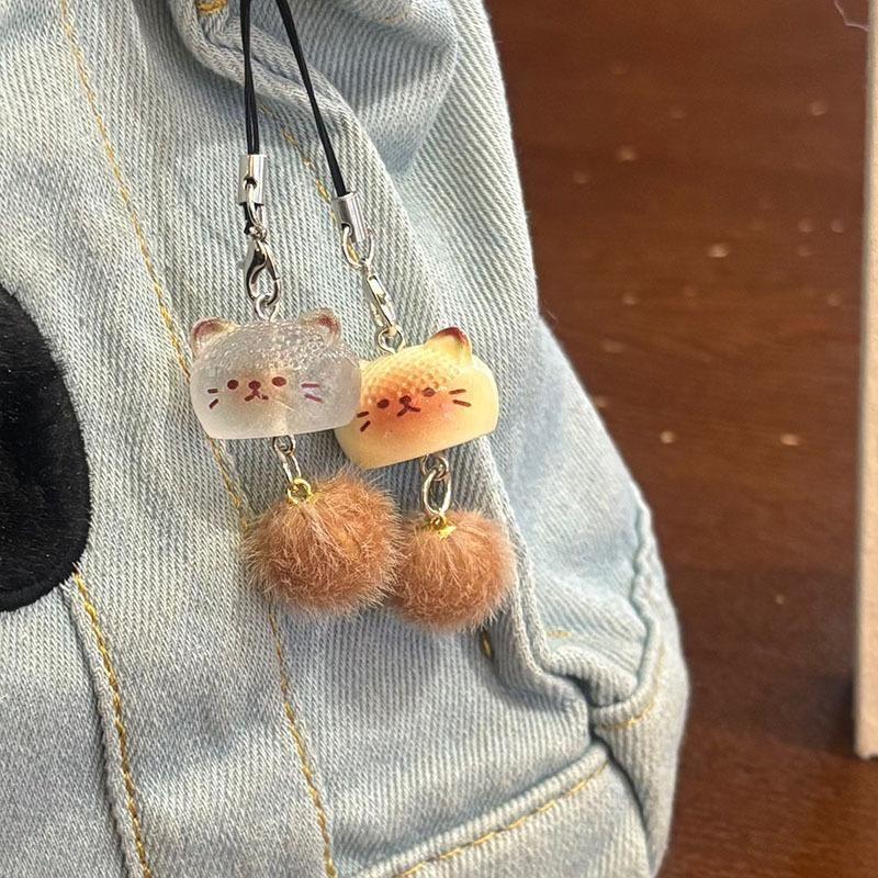 Furry Cute Cartoon Short Phone Charm for Girl Kawaii Cartoon Kitten Keychain Phone Lanyard Earphone Pendant Phone Accessories