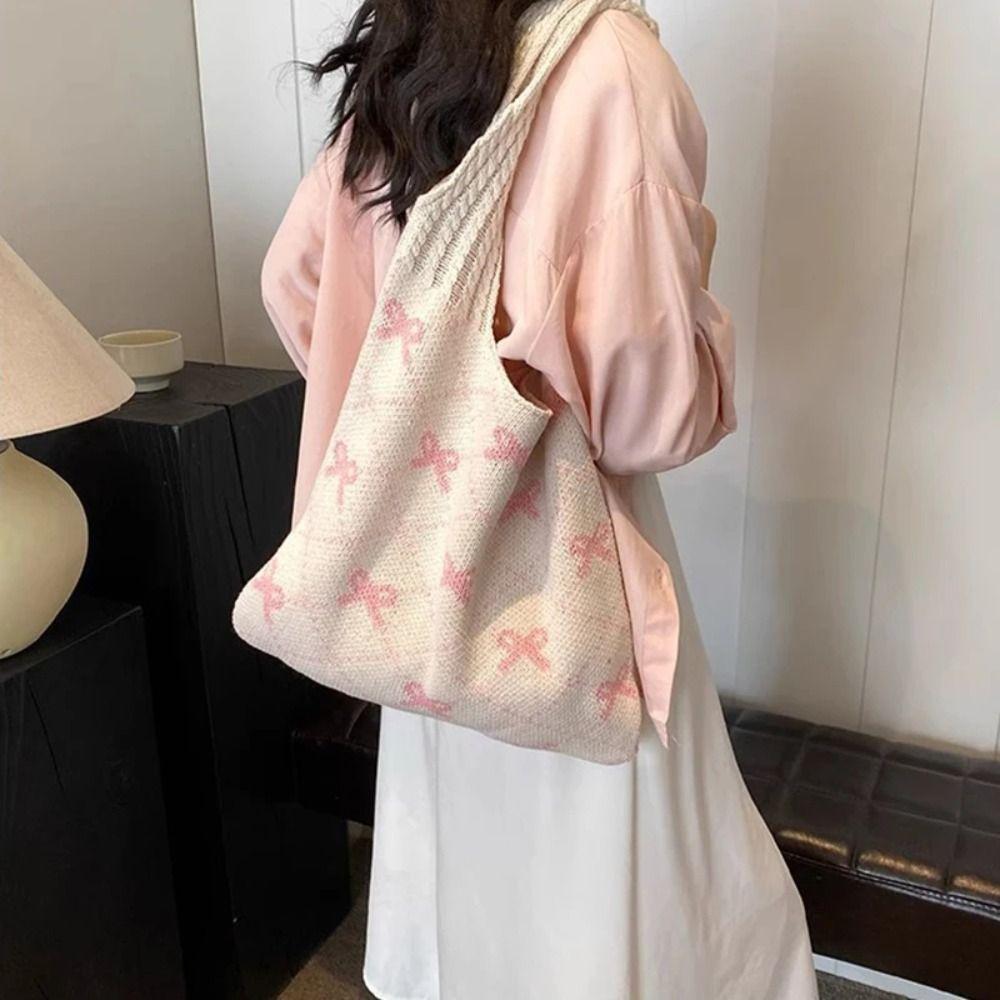 Soft Crochet Tote Bag Sweet Casual Woven Handbag Convenient Bow Knitting Shoulder Bag  Girls