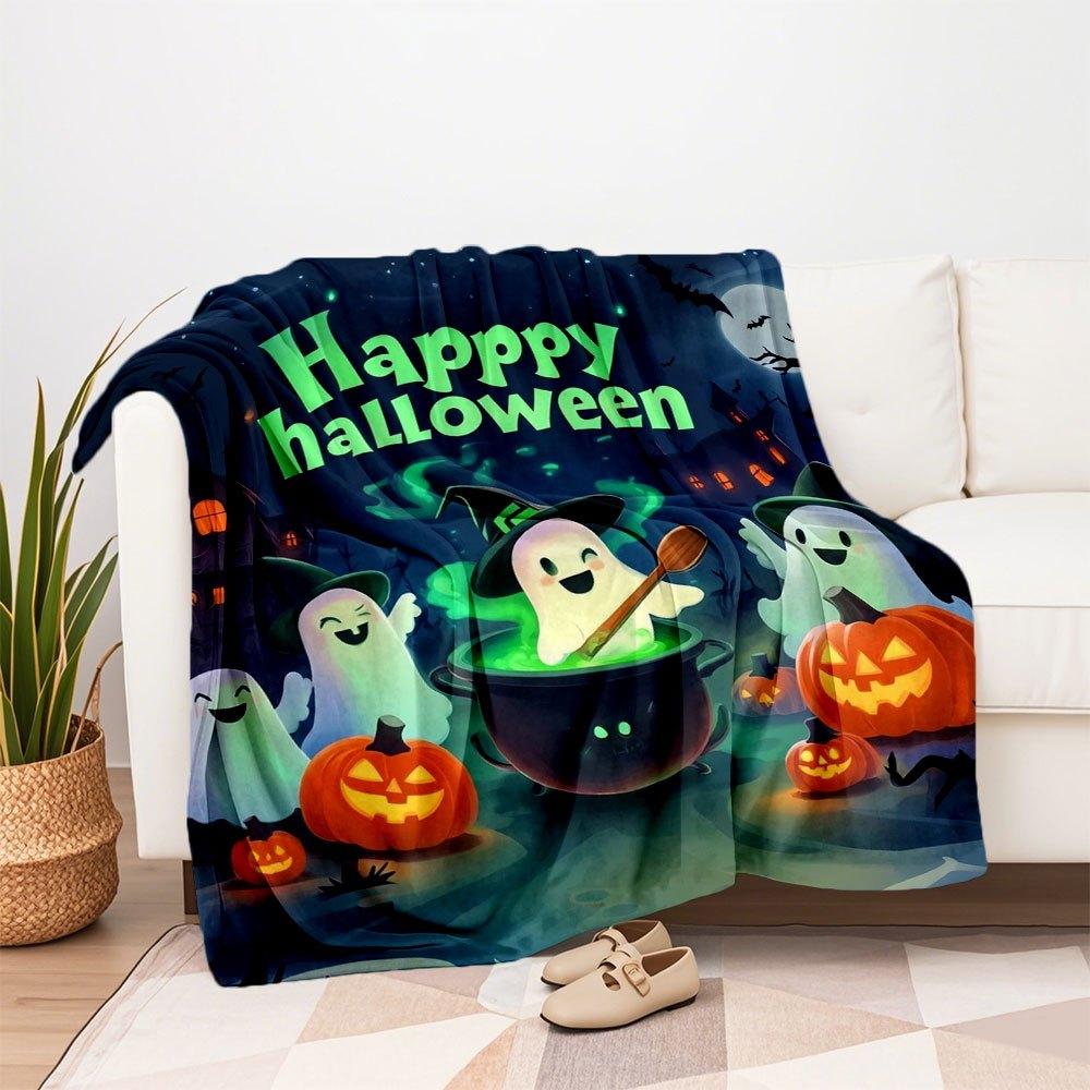 Halloween Ghosts and Pumpkins Cauldron Scene Kids PosterBlanket Flannel Throw Blanket for Sofa, Bed, Travel, Camping, Office