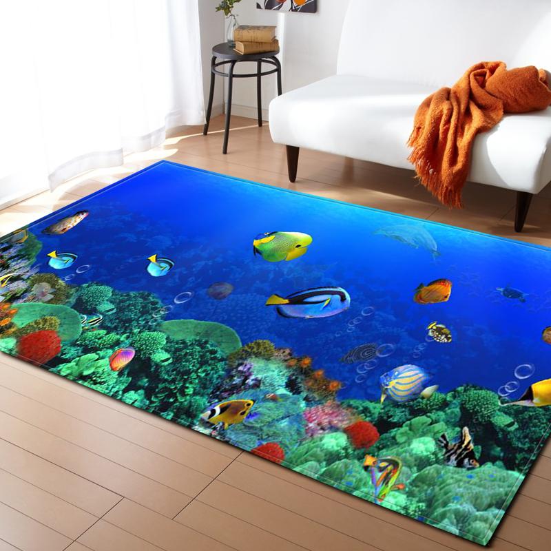 Ocean Corals Living Room Area Rug Fish 3D Carpets Boys Bedroom Play Rugs for Children Room Flannel Kitchen Mat Doormat Entrance