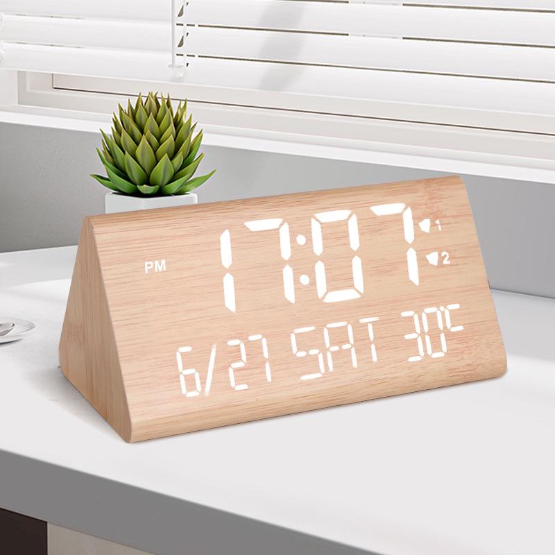 Multifunctional LED Wooden Silent Alarm Clock with Perpetual Calendar and Temperature Display