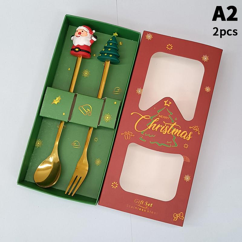 1/2/4/6 Stück Edelstahl Löffel Weihnachts Dessertlöffel Kuchengabel Cartoon Weihnachtsbaum Elch Löffel Gabel Weihnachtsgeschenkbox