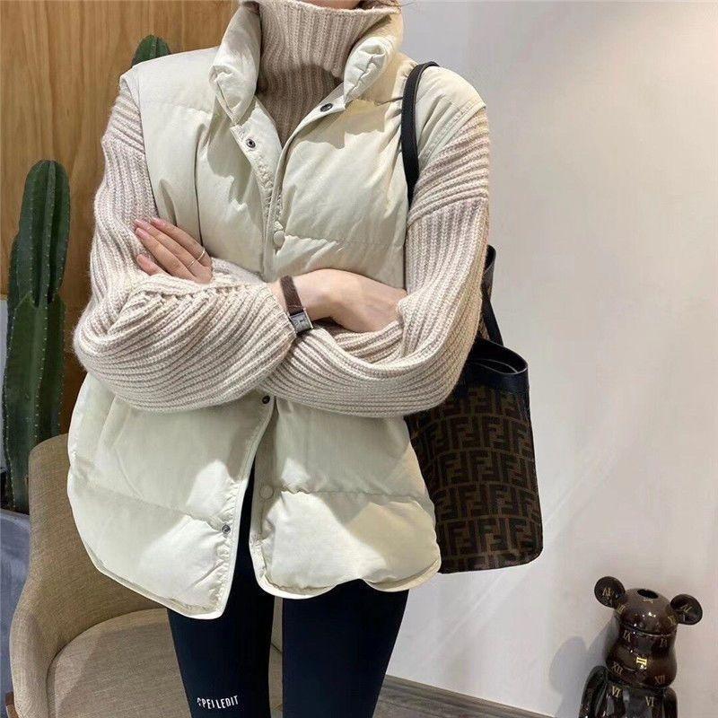 2025 Spring, Autumn and Winter Down Cotton Short Retro Stand-up Collar Vest Student Loose Sleeveless Vest Bread Edge Vest Women