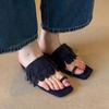 Sheepskin Version~ Niche Suede Tassel Low Heel Square Head Set Toe Slippers Women's Wear 2025 Summer Cool Slippers