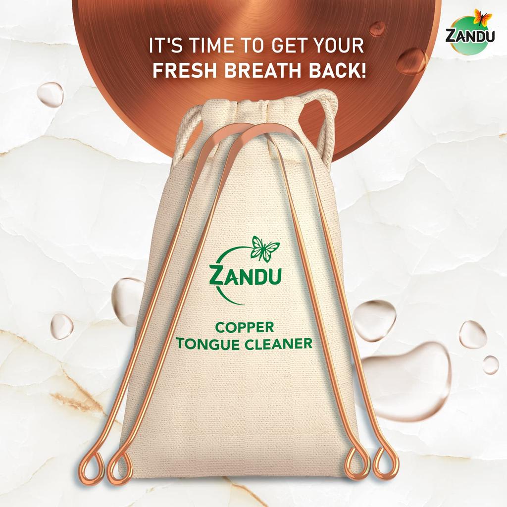Zandu Pure Copper Tongue Cleaner 2 X Pack Of 1 Anti Microbial Tongue Scraper For Fresh Breath Oral Hygiene Flexible Handle