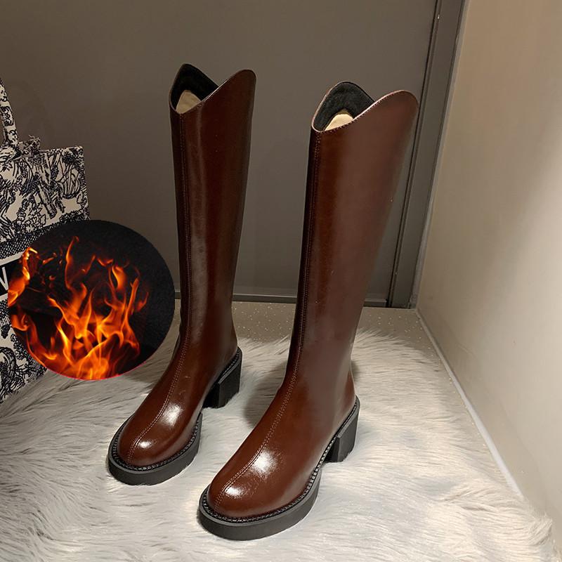 

Маленькая обувь с V-образным вырезом. Сапоги до колена. Женские зимние высокие сапоги на толстой подошве. 40 коричневый