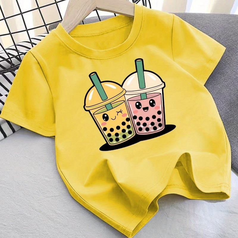 Cute Milk Tea Print Kids Crewneck Tee, Lightweight Comfort Casual Short Sleeve Summer Kids Top