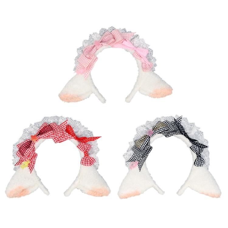 Lovely Headband Sheep Ear Shape Hairhoop with Pleated Lace for Cosplay Decors