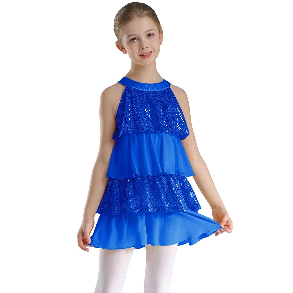 Gestuftes Rüschen-Mädchen-Tanzkleid Glänzende Pailletten Patchwork A-Linie Ärmellos Aufführungskostüm