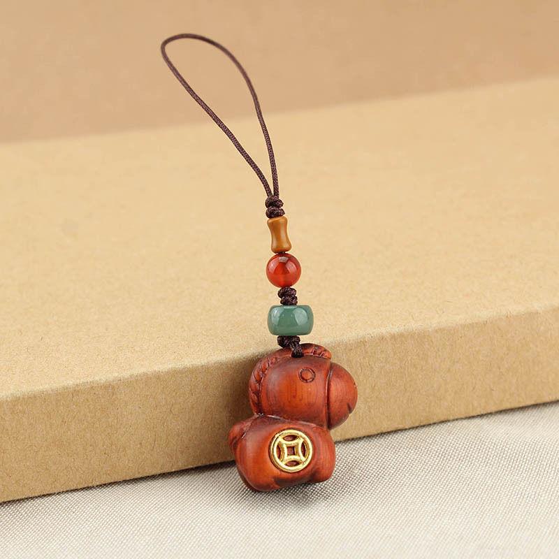 Chinese Style Sandalwood Horse Copper Coin Keychain & Phone Charm
