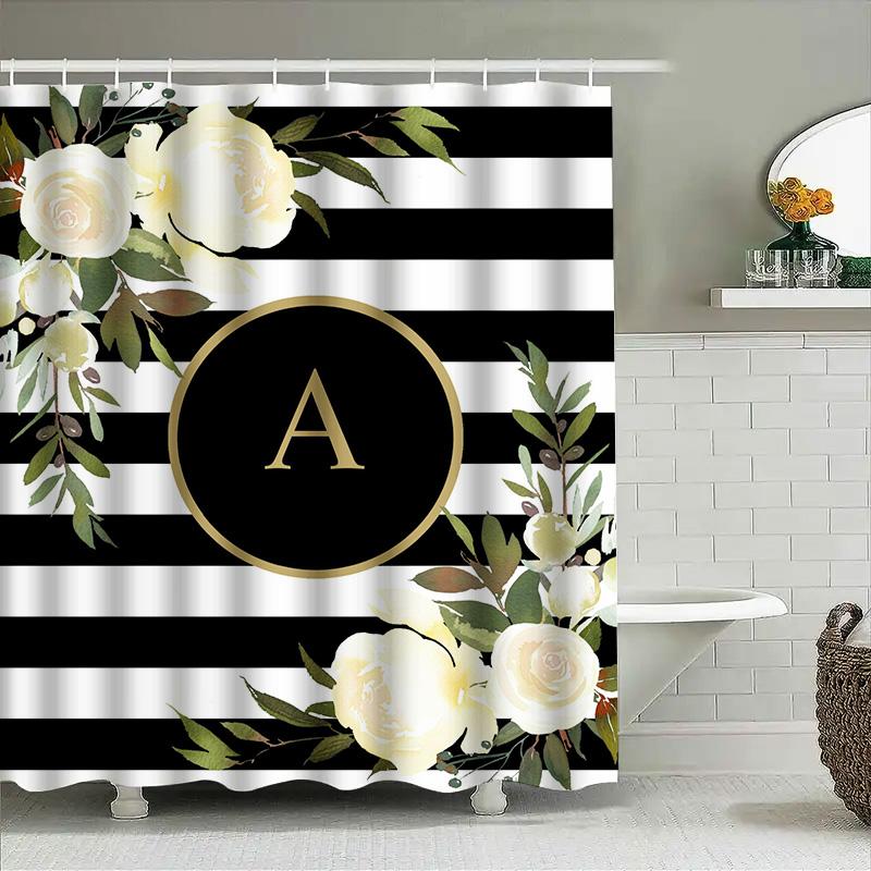 Weißer Rosen Duschvorhang mit Gold-Monogramm-Dekor Streifen Home Badezimmerzubehör Für Kinderzimmer Dekoration Geschenkidee