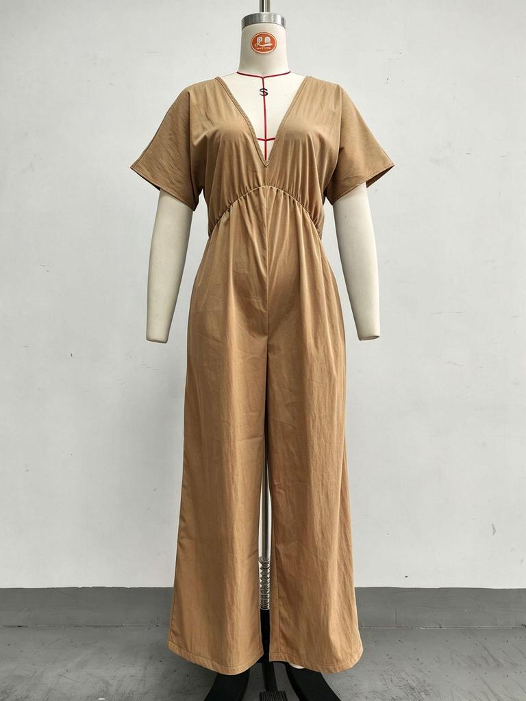 2026 Europese & Amerikaanse Dames Zomer Trendy Diepe V-hals Straatstijl Losse Taille-Cinchende Jumpsuit