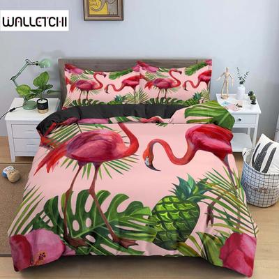 Flamingo Green Plant Palm Leaf Duvet Cover Soft Pink Comfortable Quilt Cover Cartoon Flamingo Bedding Set for Women Girls Decor