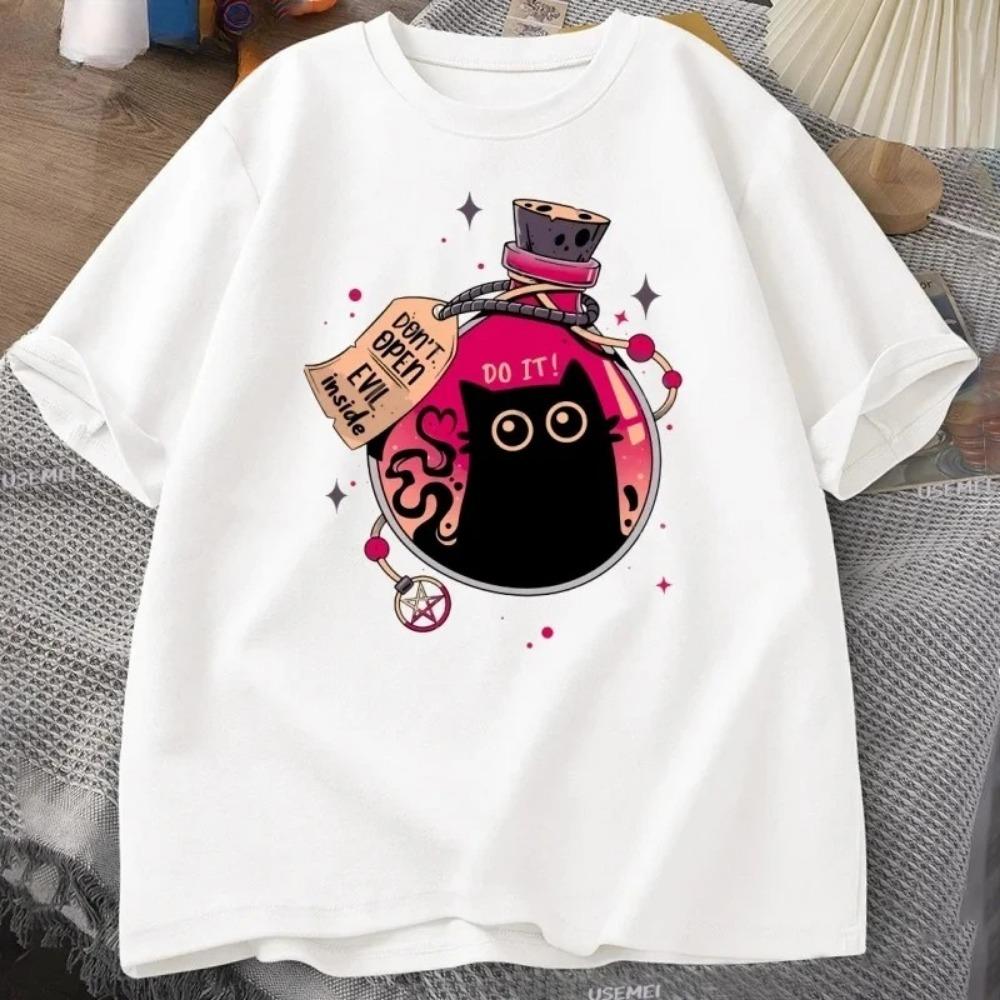 

Evil Black Cat in The Bottle T-shirt Summer Fashion T-shirt Short Sleeve Female Cat Pattern Clothing Street Fashion Clothing S