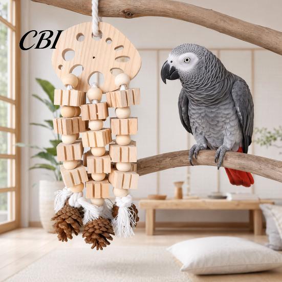 Parrot Chewing Toy Wooden Blocks Toy, Bird Chew with Beads Pinecones, Safe Metal Hook Beak Grinding Cage Accessory for Macaws African Greys