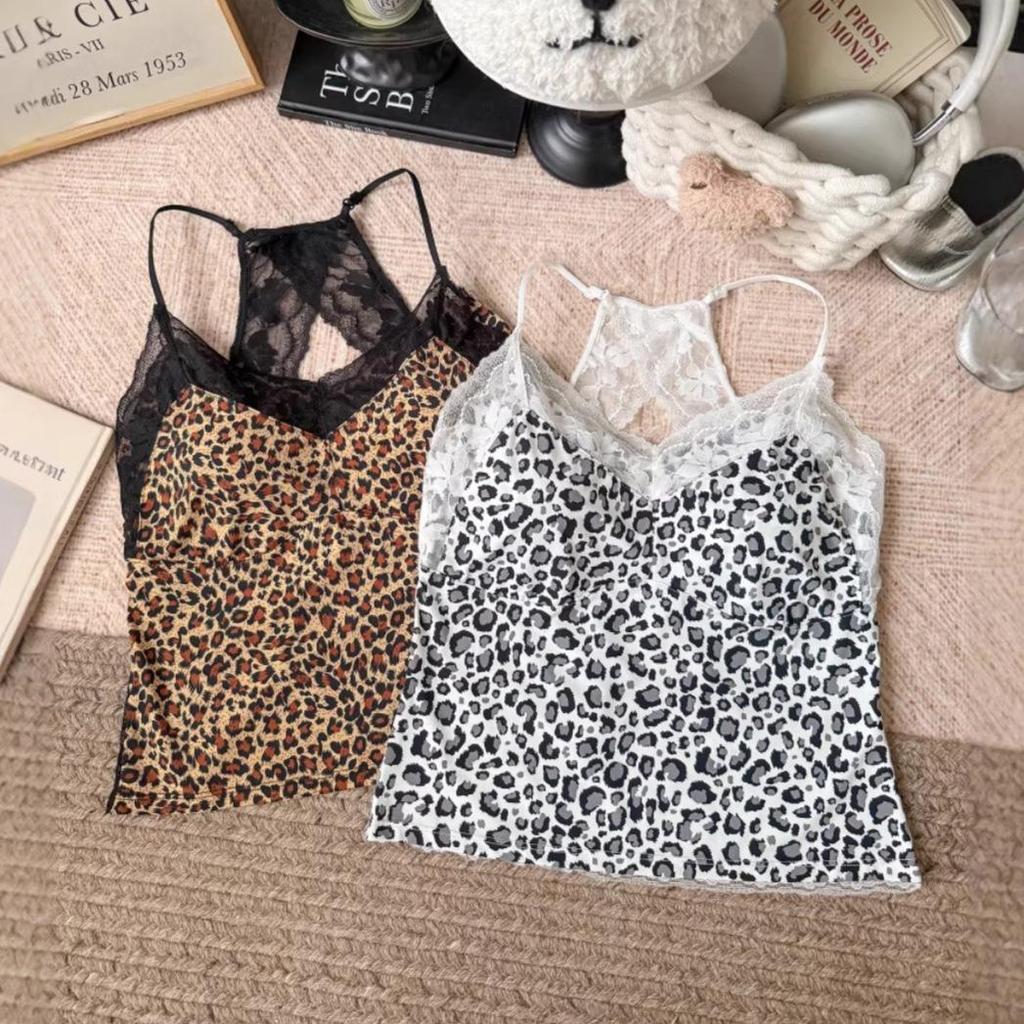Leopard Print Lace Patchwork Spaghetti Strap Halter Top with Built-in Bra