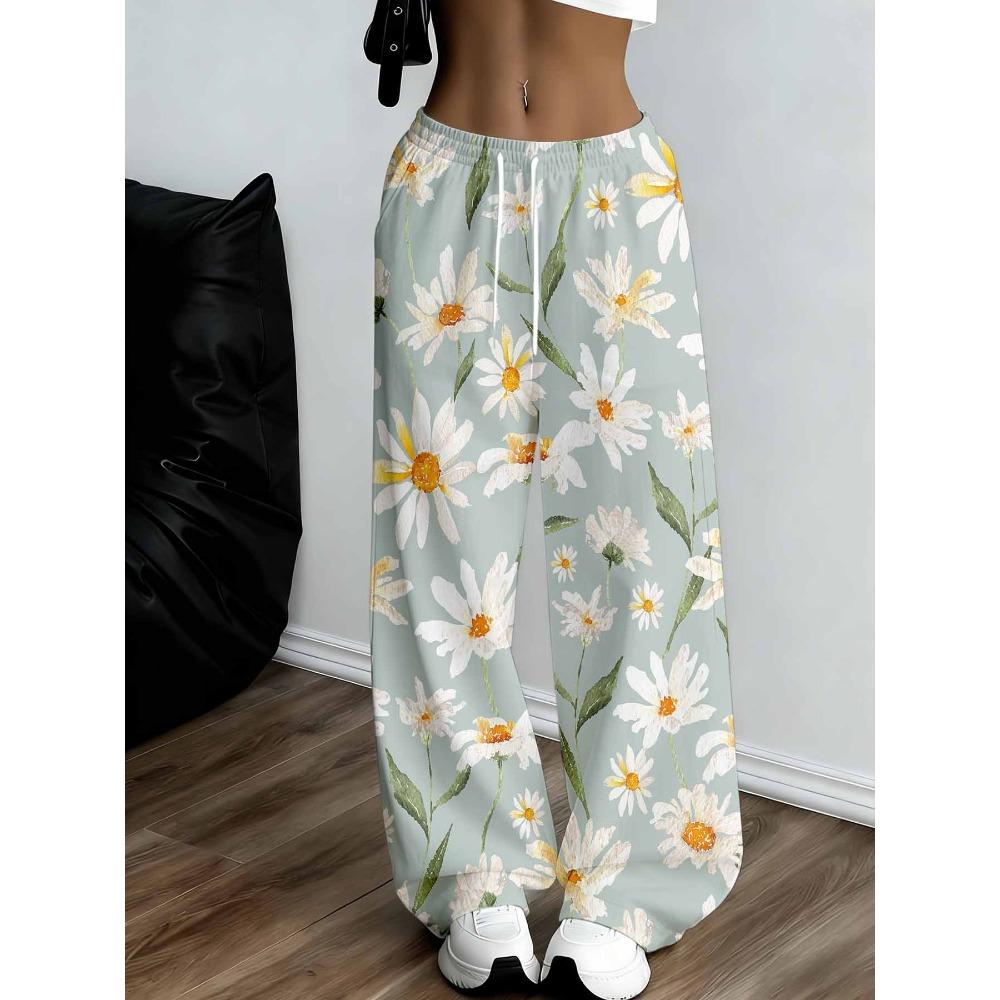 Women's Plus Size Wide Leg Pants Light Blue Daisy Print Casual Pants, Overseas Print