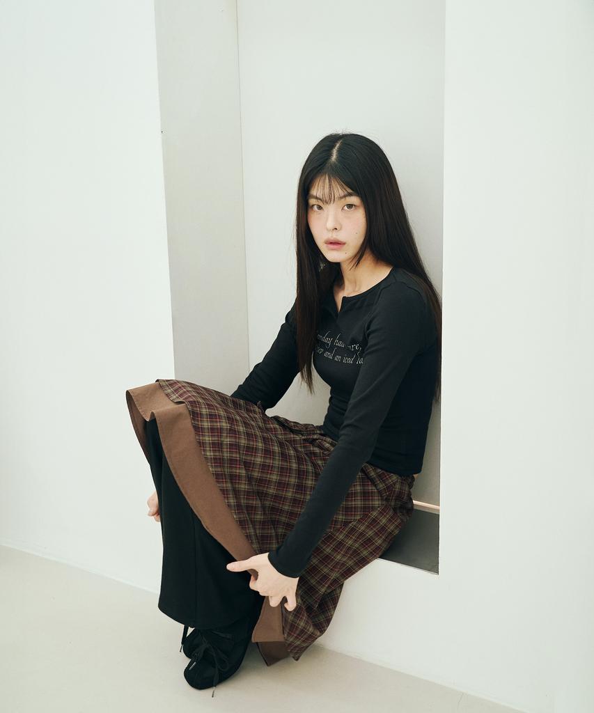 Mihebeu Check Pocket Midi Skirt Burgundy Brown