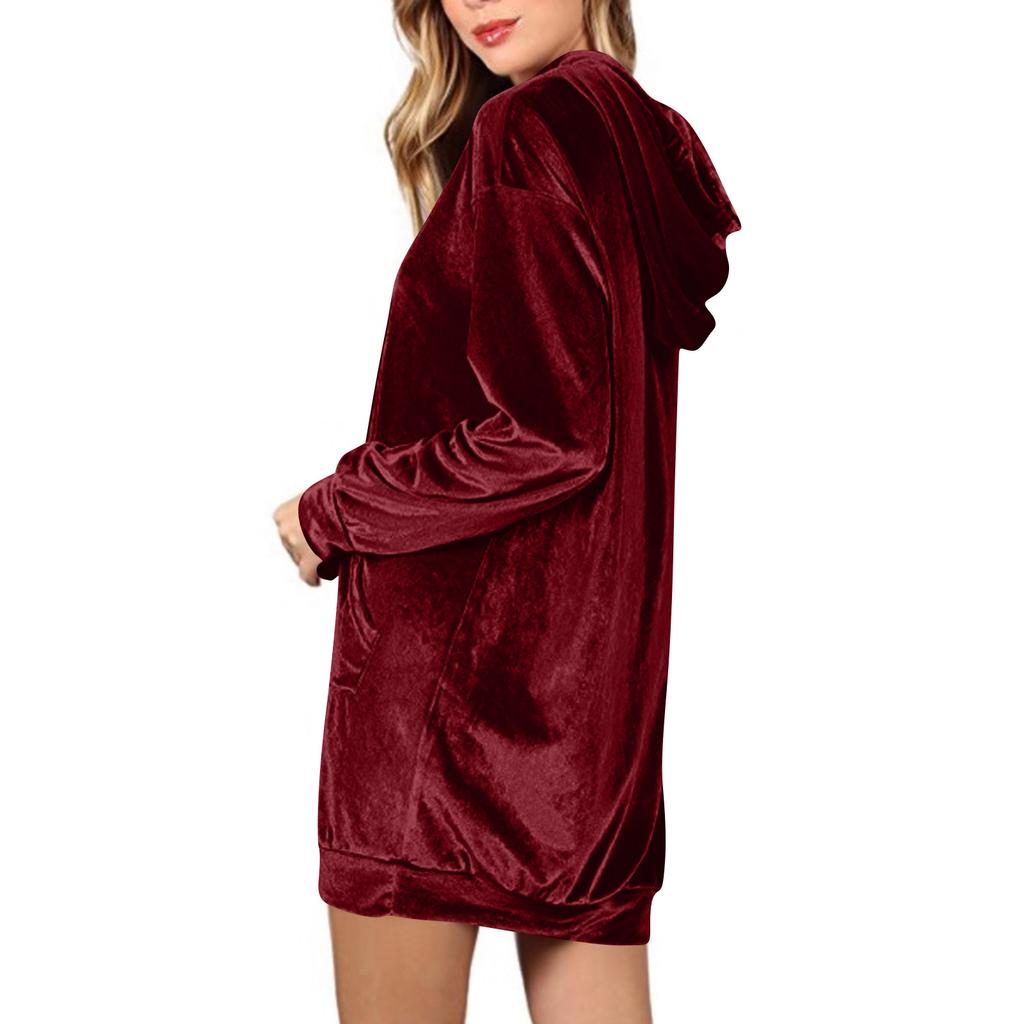 Women's Hooded Long Sleeve Loose Fit Color Dress for Casual Everyday Wear