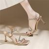 Rhinestone Word with Square Head Summer New Beautiful Thin Heels Cool Slippers Light Luxury Accessories Sandals Fashion Simple Temperament
