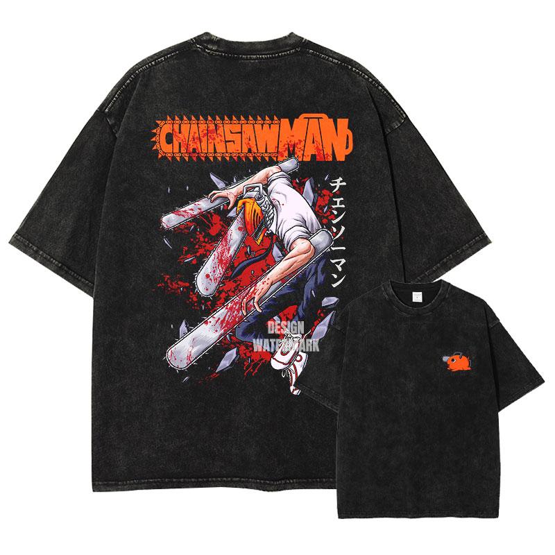 2026 Hot Sale Anime C-Chainsaw M-Man T Shirts Oversized Vintage Washed Denji T-shirt Manga Power T Shirt Pochita Makima Reze Tops Tees Short Sleeve