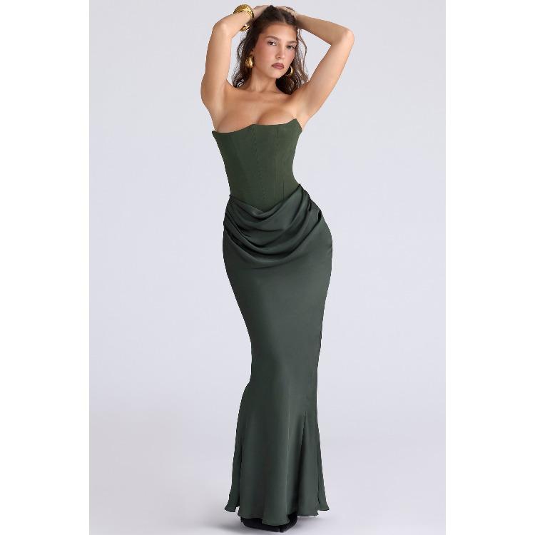 Women's Strapless Corset Mermaid Gown Mint Green Side Drape Detail Formal Dress