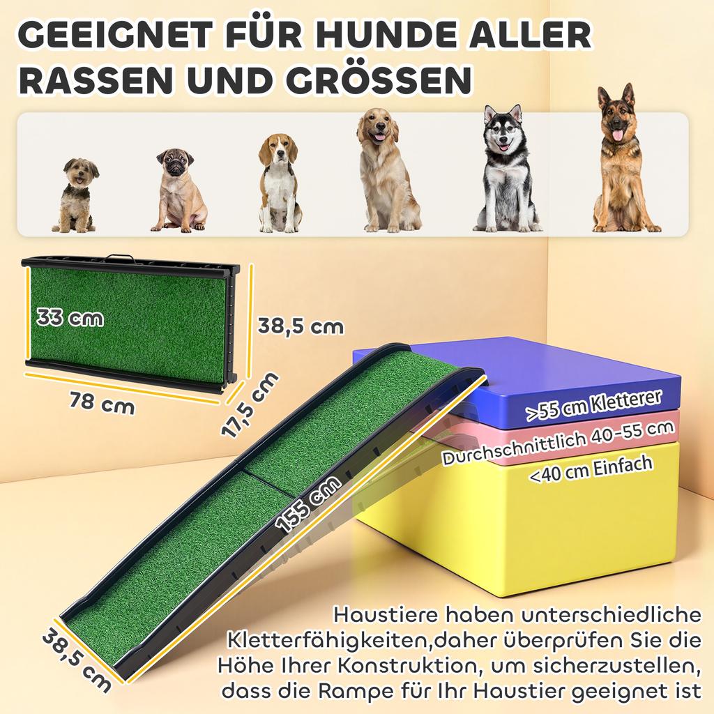 Foldable Dog Ramp with Artificial Anti-slip Surface, Portable & Lightweight, for Cars, Home, 155 x 38.5 x 15.5 cm