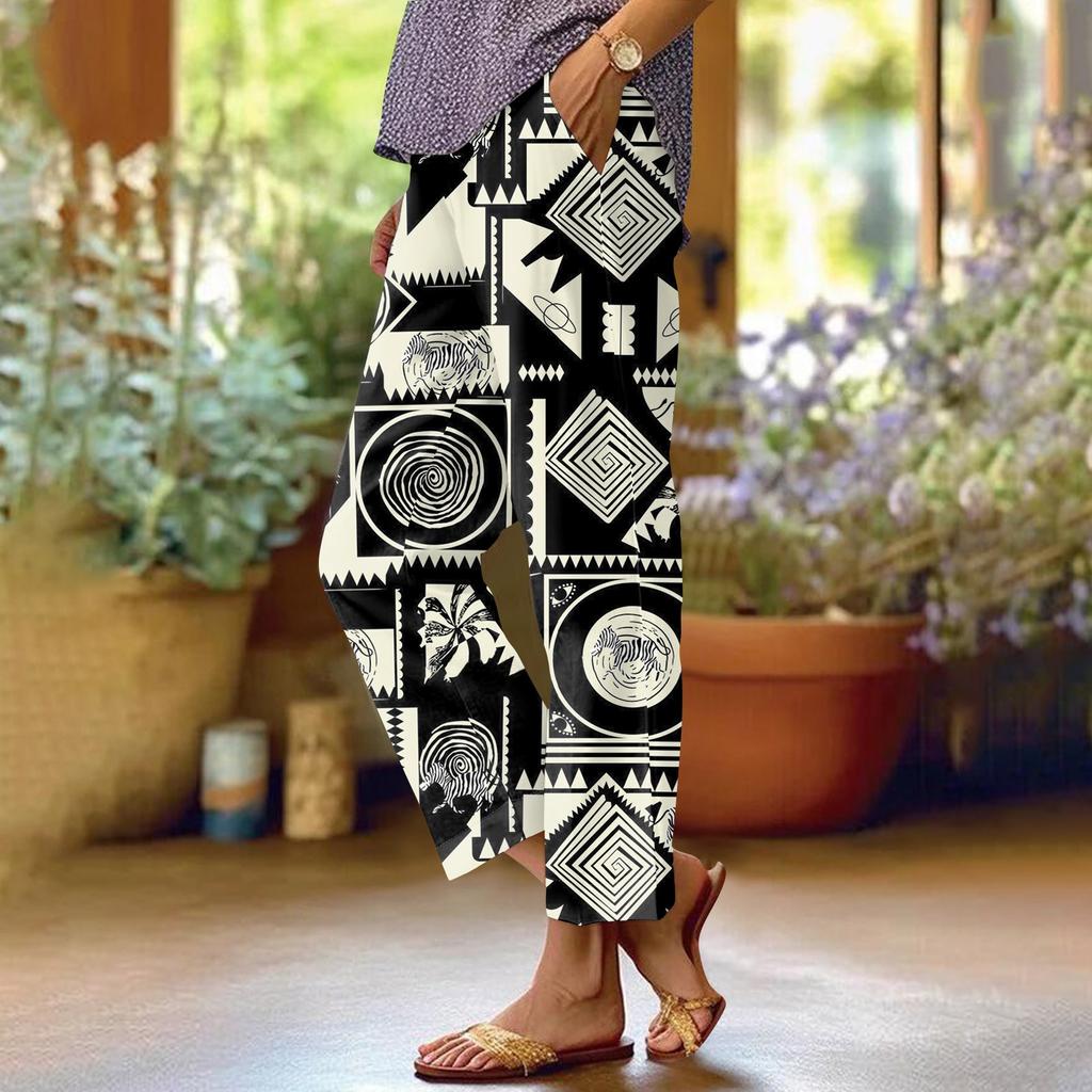 Women's Fashionable Floral Print Straight Leg Pocket Elastic Waist Casual Pants Pants