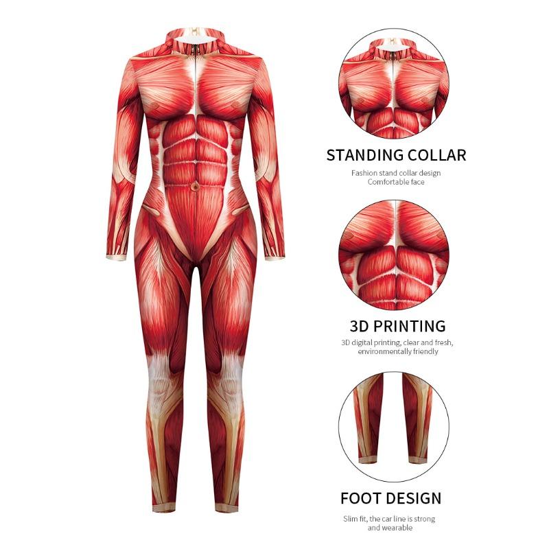 Men Muscle Tights Onesie Human Body Digital Printing Halloween Cosplay Costumes Jumpsuit for Adults Party Role Play Outfit
