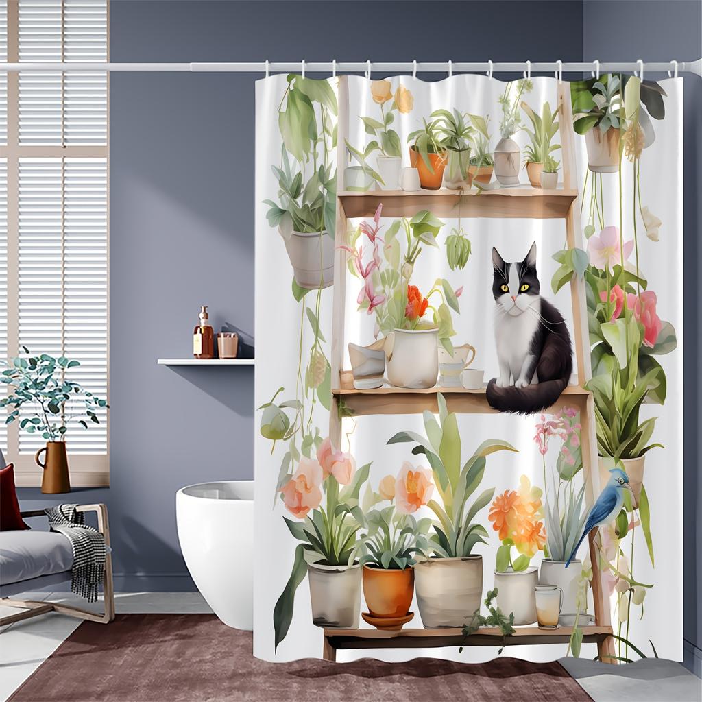 Charming Cat and Blooming Flowers Shower Curtain - Water-Resistant Fabric for Bathroom - Perfect for Nature and Cat Lovers