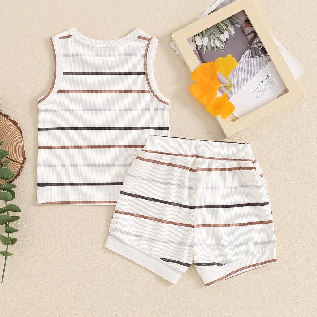Baby Boy Ribbed Outfits, Striped Sleeveless Round Neck Tank Tops + Elastic Waist Shorts 2 Piece Summer Set for Infant Toddler
