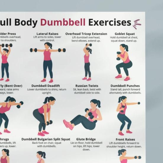 Yousheng 5 Piezas Póster de Entrenamiento con Mancuernas, Tabla de Ejercicios en Casa para Brazo Pierna Cadera Core, Guía de Entrenamiento de Cuerpo Completo Pared