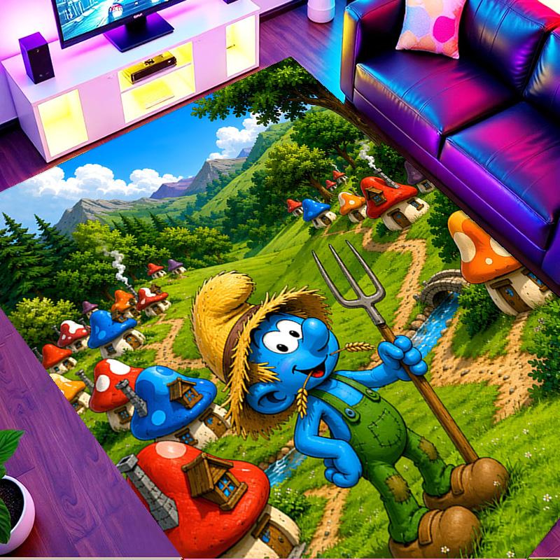 Blue Smurfs Print Rug, Washable Floor Carpet, For Entryway Dorm Laundry Room Office Study, Home Decor Birthday Christmas Gift