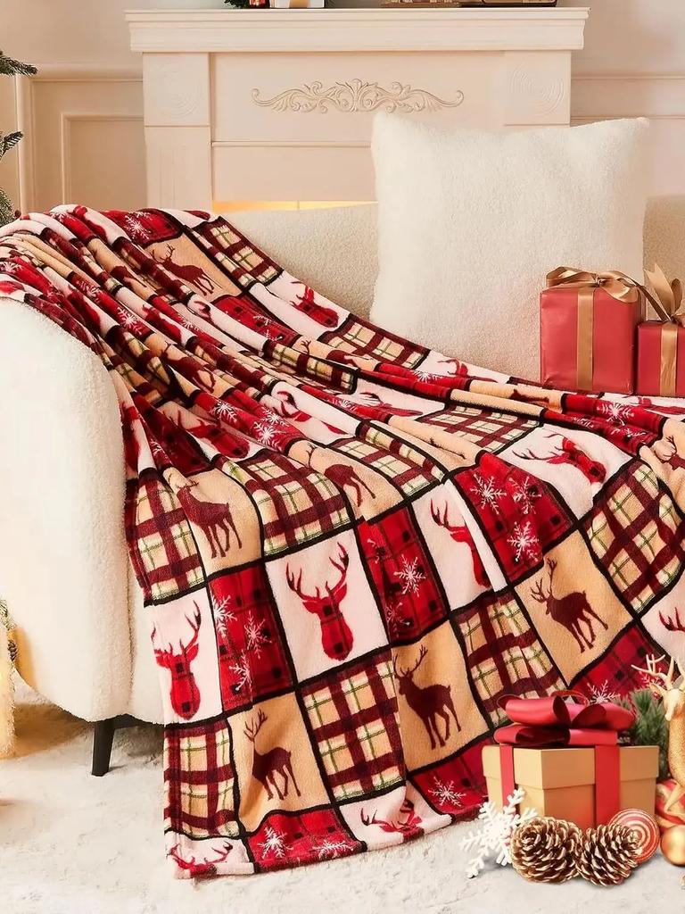1pc Reindeer Plaid Christmas Blanket Flannel Fabric With Festive Deer Snowflake And Plaid Patterns For Living Room Relaxing Sess