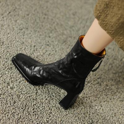 Bottes courtes fashion à talon épais et tête carrée, style rétro, grattées à la main, en cuir souple, bottes Martin à talon haut, bottes fines polyvalentes