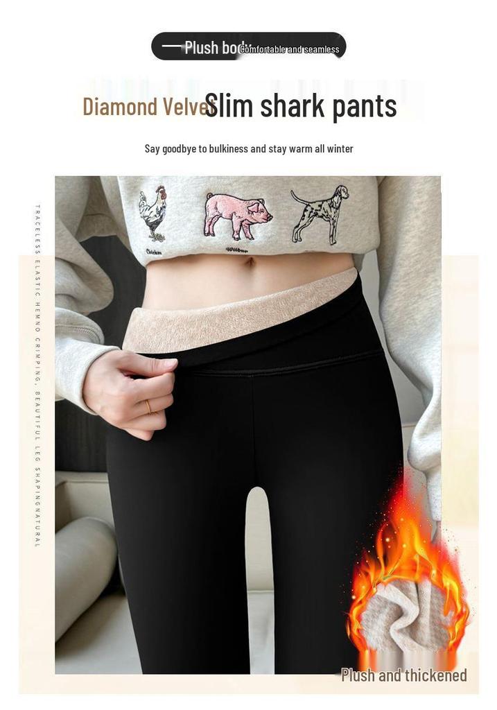Women's Plus Velvet Thickened High-Waist Warm Diamond Pattern Shark Pants for Autumn/Winter