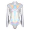 Womens One-piece Shiny Metallic Long Sleeves Gymnastic Dance Leotard Athletic Bodysuit