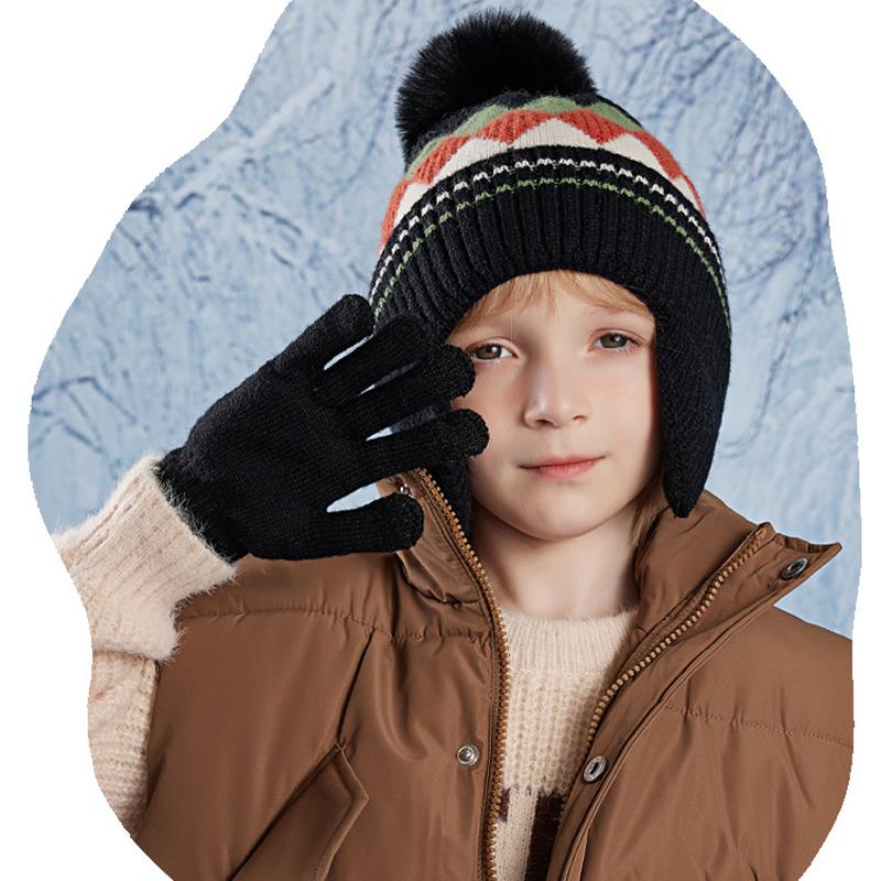 Children's Cap Gloves Ball Color Diamond Knitted Wool Cap Boys Girls Baby Velvet Warm Ear Protection Cap