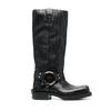 Fashion Blue Denim Riveted Women Motorcycle Boots Belt Buckle Design 3.5cm Thick Heel Knight Knee High Boots European American Style 44