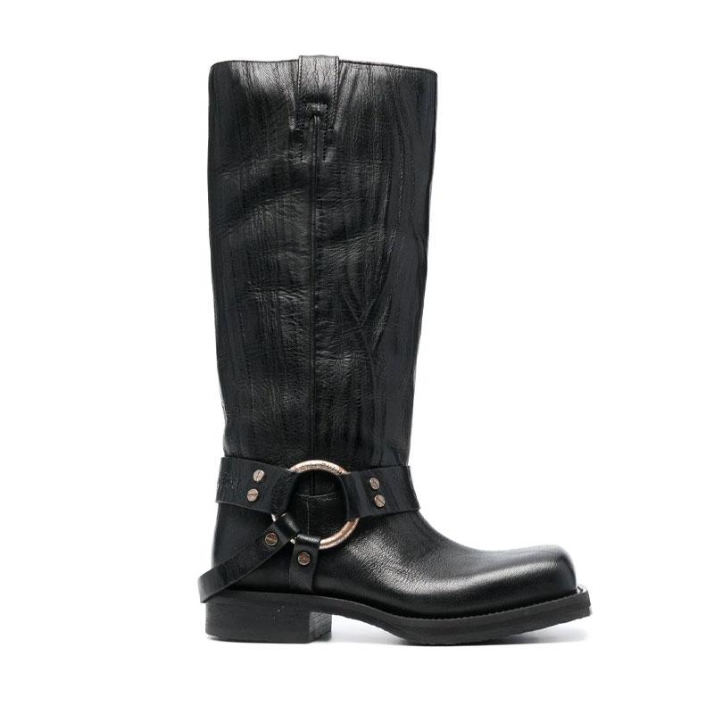 Fashion Blue Denim Riveted Women Motorcycle Boots Belt Buckle Design 3.5cm Thick Heel Knight Knee High Boots European American Style 44