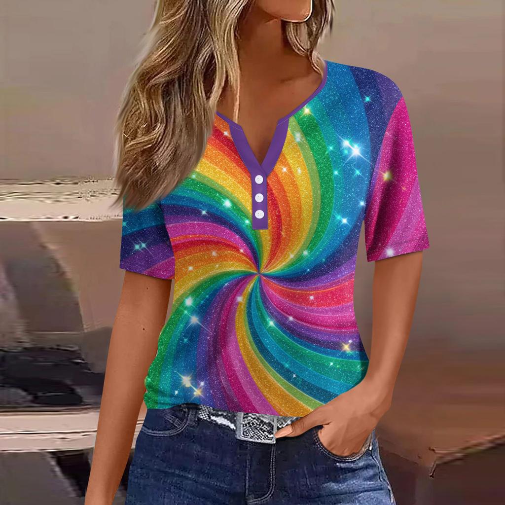 Damen-T-Shirt, T-Shirt, bedruckt, Knopfleiste, kurzärmelig, für den Alltag, Wochenende, modisch, Basic, V-Ausschnitt, normales Oberteil