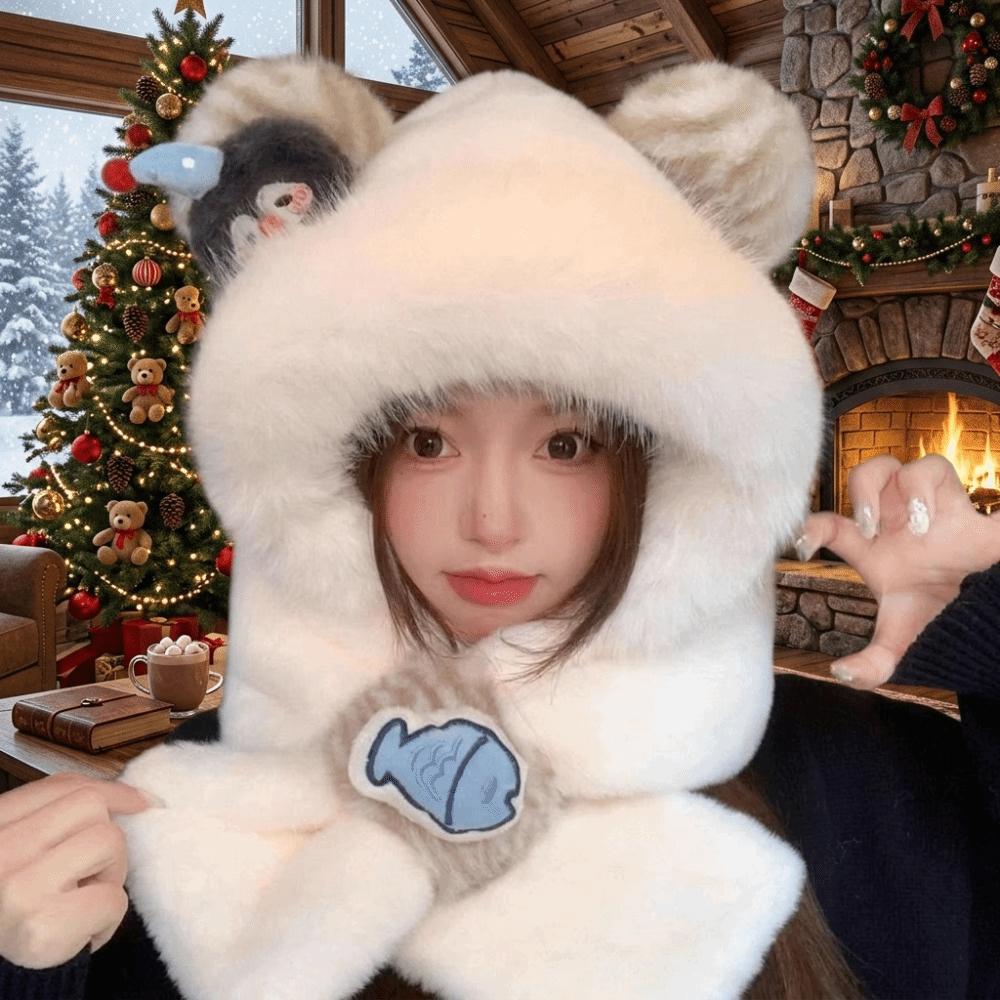 Polyester Material Winter Balaclava Windproof Hooded Scarf Set Warm Penguin Plush Hat For Students