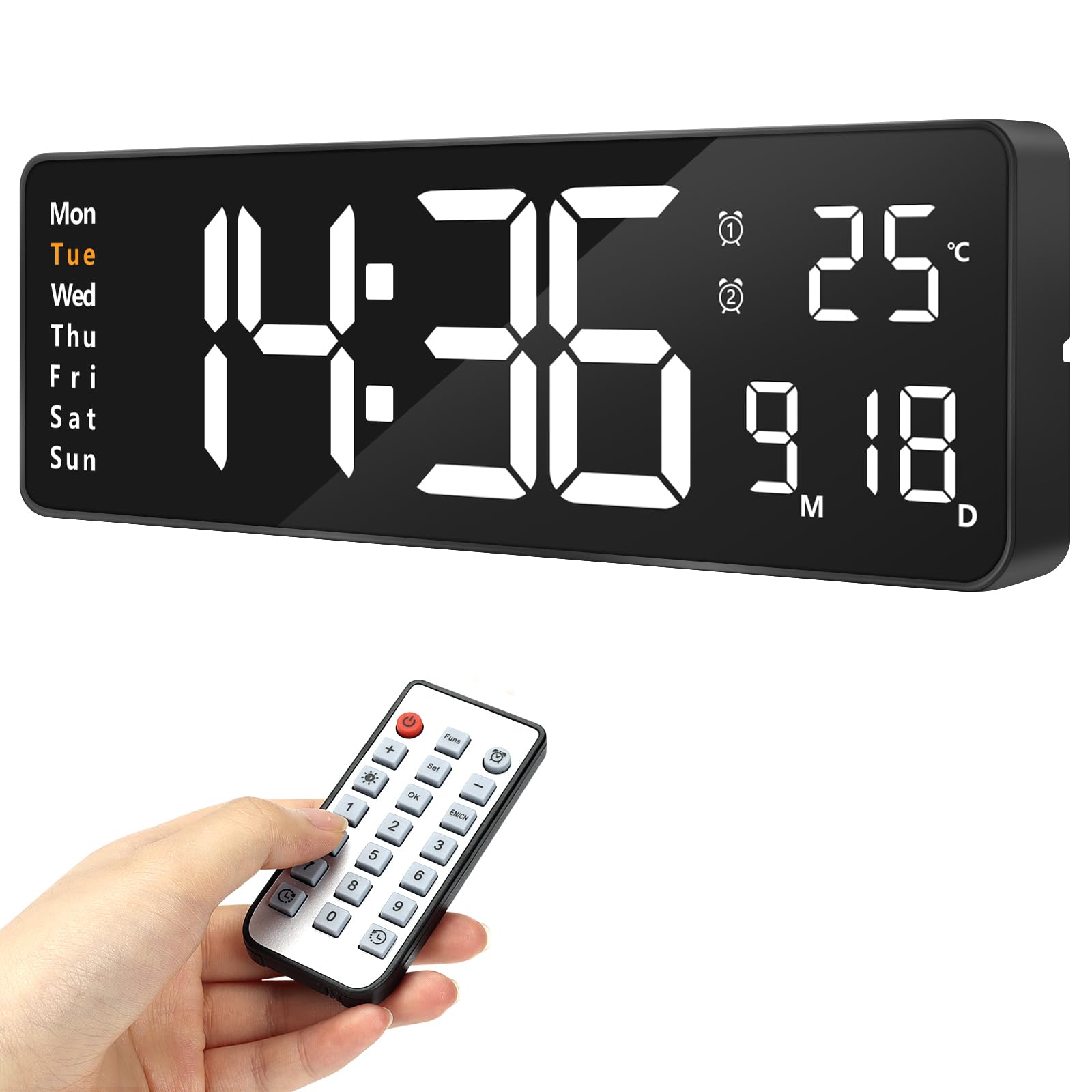 

Цифровые часы Настенные часы Большие 16 дюймов Светодиодные часы Будильник Крупные буквы Диммируемый дисплей Пульт дистанционного управления Энергосберегающие USB-подключение Гостиная чёрный