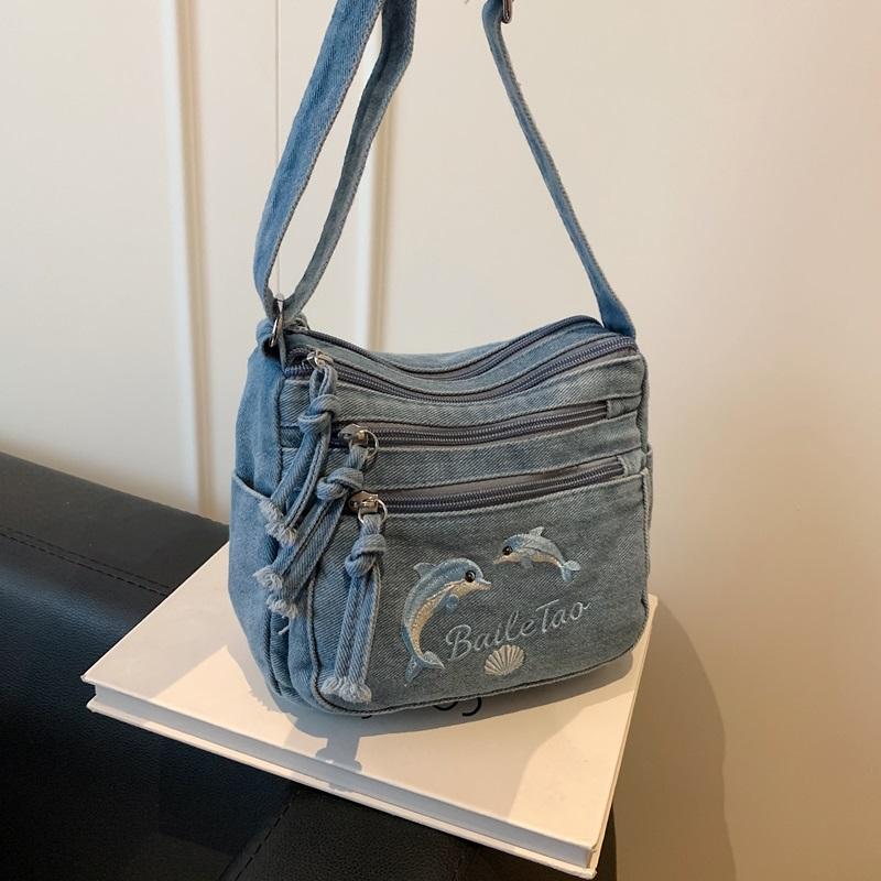 Vintage Denimtasche Damen Mehrschichtig Kleine Tasche Bestickt Schulter Crossbody-Tasche