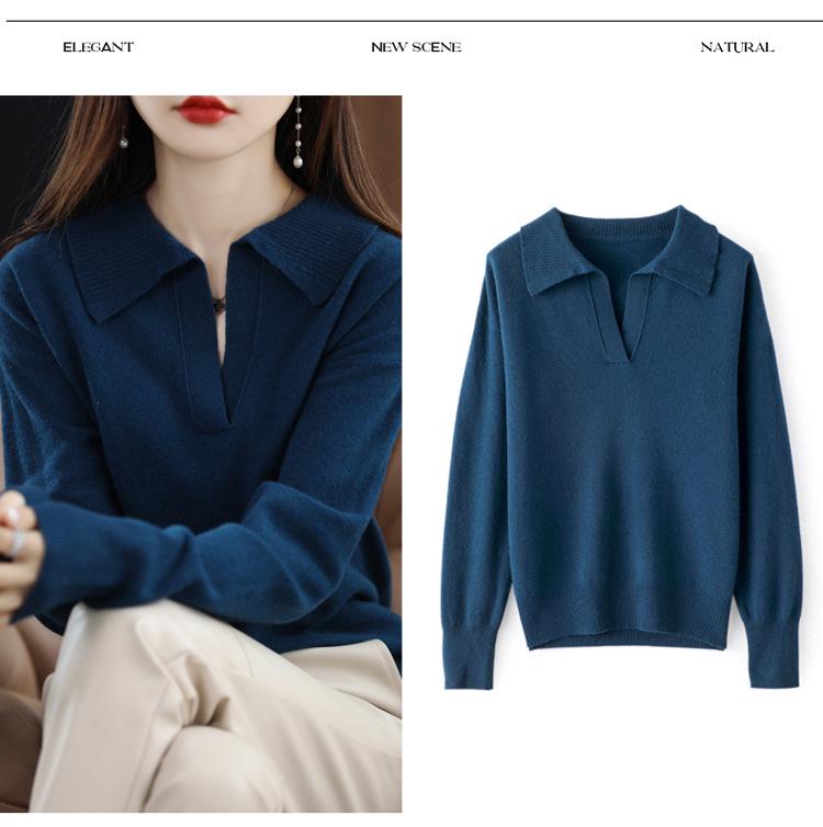 Women's Loose Polo Sweater: 100% Wool Knitwear with Soft Feel, Ideal for Autumn/Winter As Base Layer, Pure Wool Collar.
