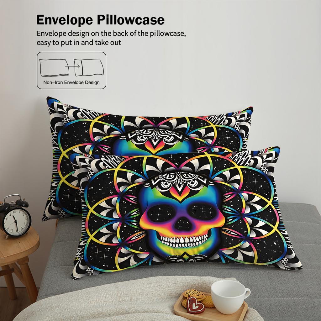 3-piece down duvet cover set with skull flower pattern print (1 duvet cover+2 pillowcases, no core) Halloween themed bedding set