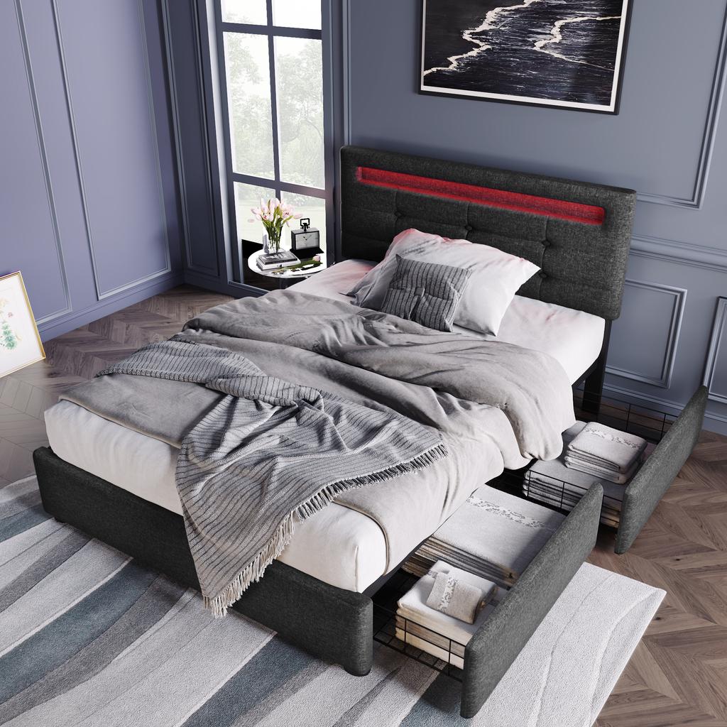 Bed Frame with LED Lighting and 2 Drawers, Single Upholstered Bed 90x200cm, Height-Adjustable Headboard, Wooden Slatted Frame, Grey (Without Mattress)