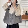Johnature Japanese Fungus Trim Collar Plaid Shirt Casual Vintage Long Sleeve Stitched Retro Loose Shirt Women