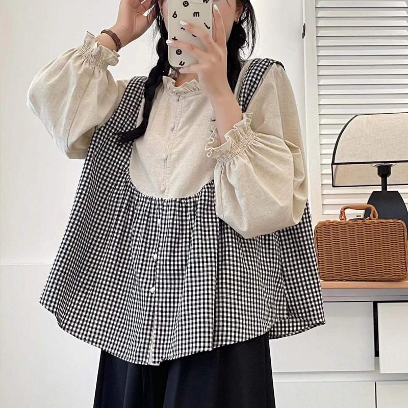 Johnature Japanese Fungus Trim Collar Plaid Shirt Casual Vintage Long Sleeve Stitched Retro Loose Shirt Women